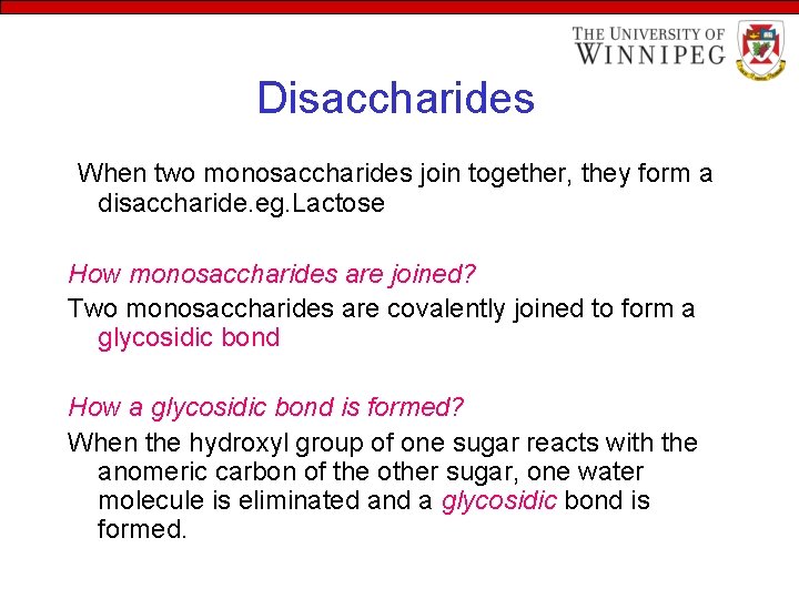 Disaccharides When two monosaccharides join together, they form a disaccharide. eg. Lactose How monosaccharides