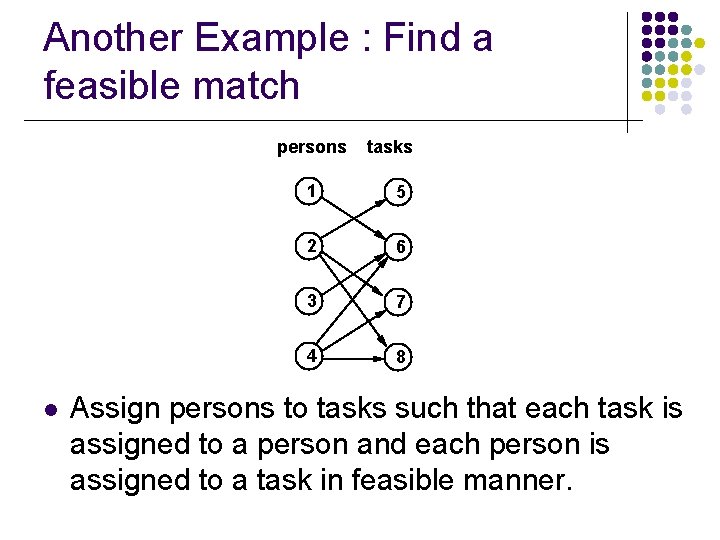 Another Example : Find a feasible match persons l tasks 1 5 2 6