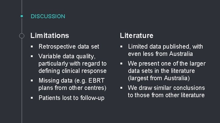 DISCUSSION Limitations Literature § Retrospective data set § Limited data published, with even less