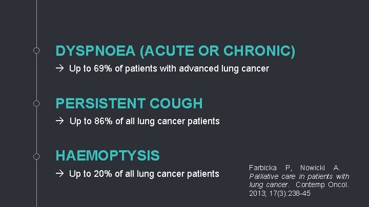 DYSPNOEA (ACUTE OR CHRONIC) Up to 69% of patients with advanced lung cancer PERSISTENT