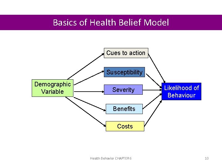 Basics of Health Belief Model Cues to action Susceptibility Demographic Variable Severity Likelihood of