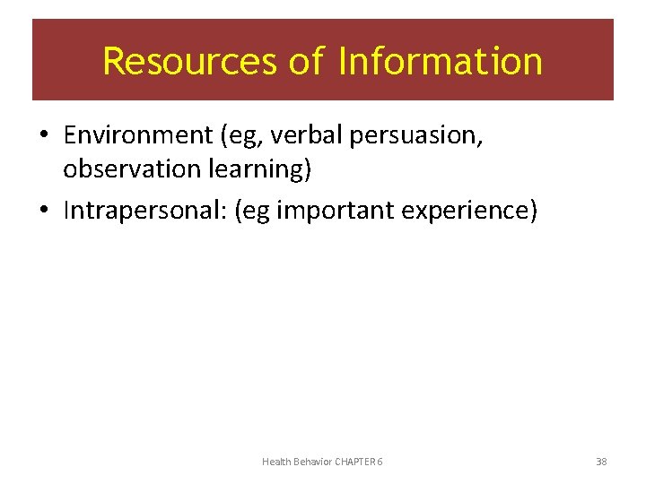 Resources of Information • Environment (eg, verbal persuasion, observation learning) • Intrapersonal: (eg important