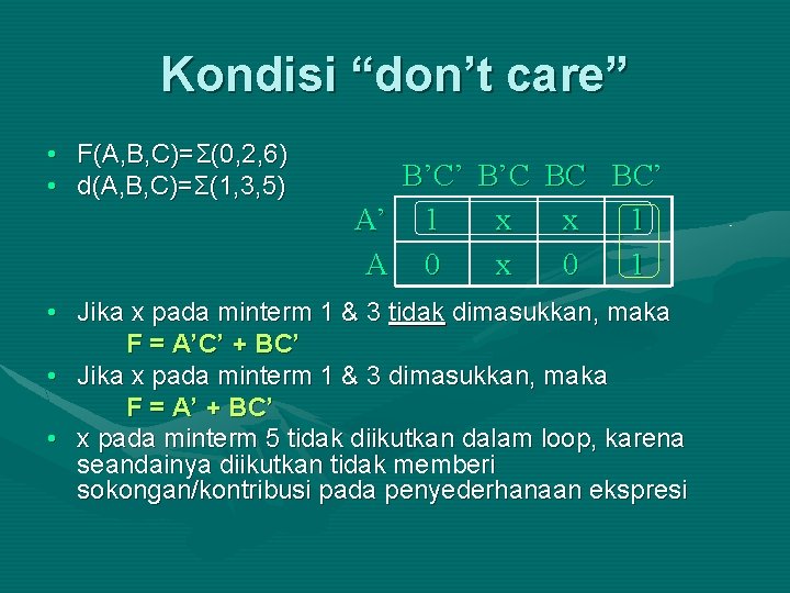Kondisi “don’t care” • F(A, B, C)=Σ(0, 2, 6) • d(A, B, C)=Σ(1, 3,