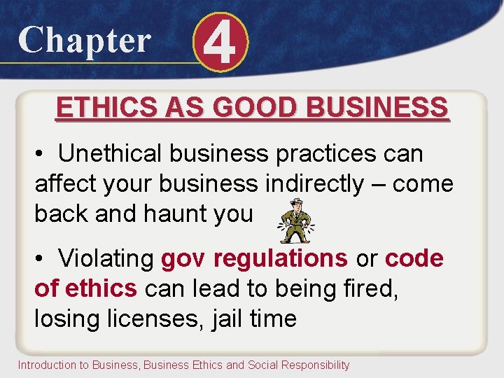 Chapter 4 ETHICS AS GOOD BUSINESS • Unethical business practices can affect your business