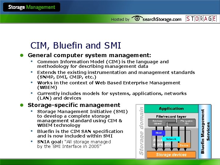 Hosted by CIM, Bluefin and SMI l General computer system management: • Common Information