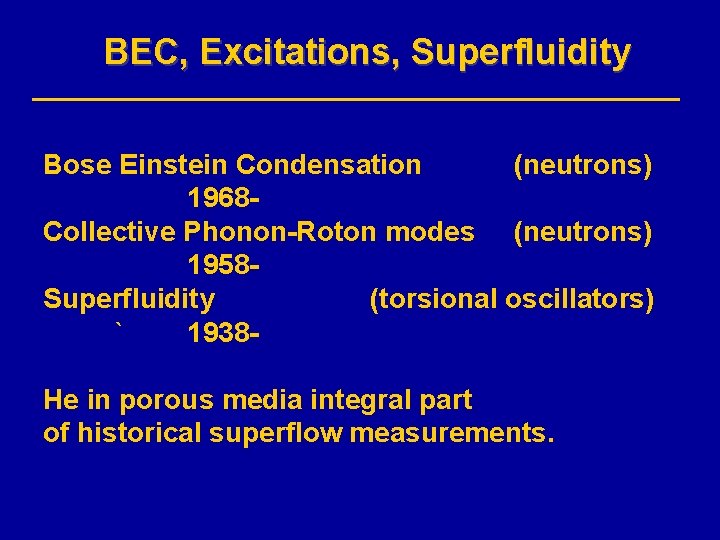 BEC, Excitations, Superfluidity Bose Einstein Condensation (neutrons) 1968 Collective Phonon-Roton modes (neutrons) 1958 Superfluidity