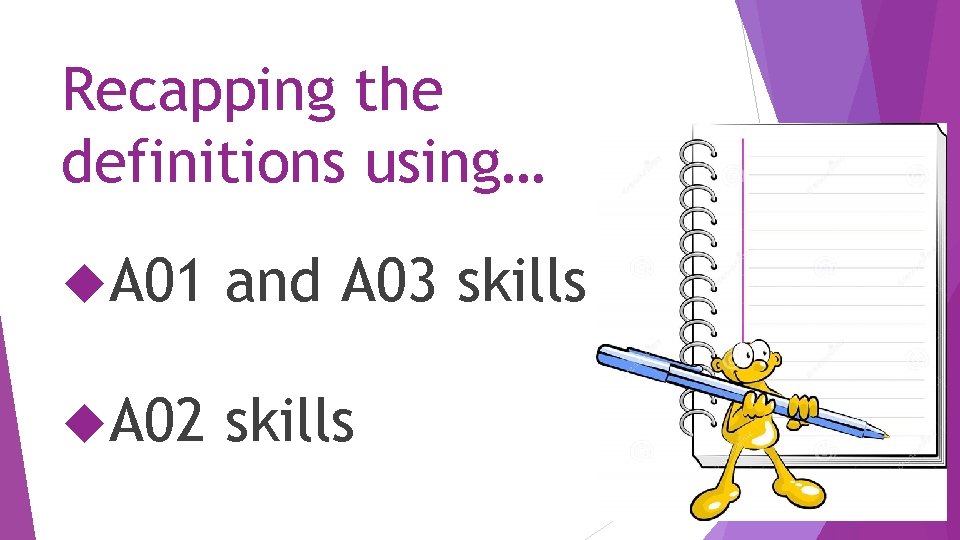 Recapping the definitions using… A 01 and A 03 skills A 02 skills 