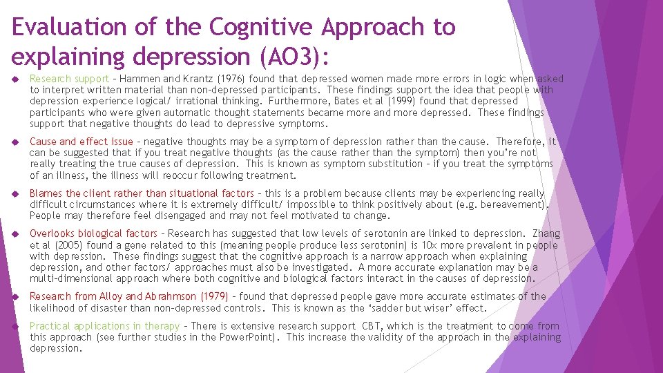 Evaluation of the Cognitive Approach to explaining depression (AO 3): Research support – Hammen