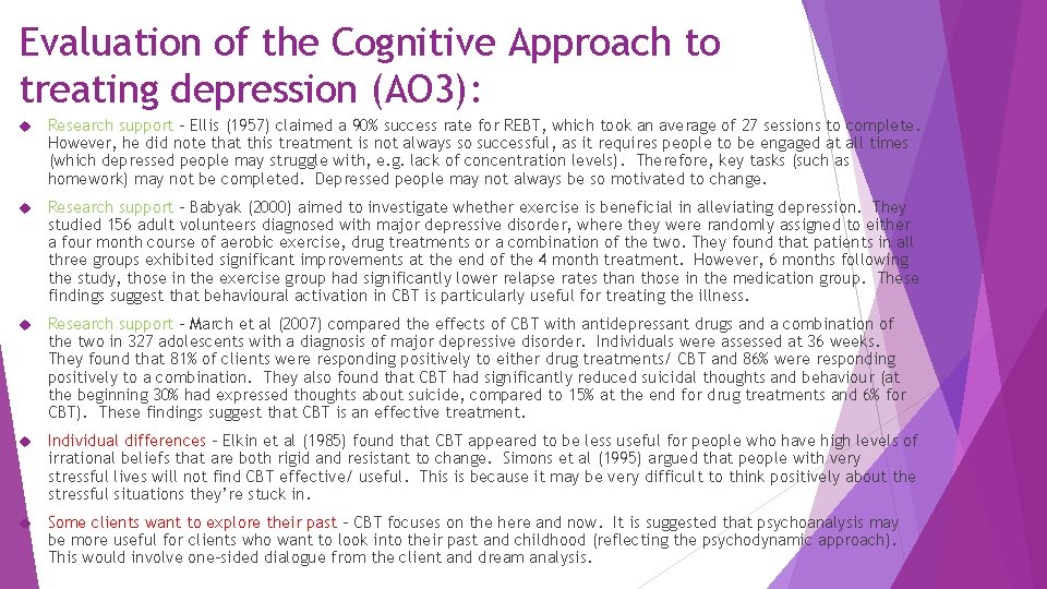 Evaluation of the Cognitive Approach to treating depression (AO 3): Research support – Ellis