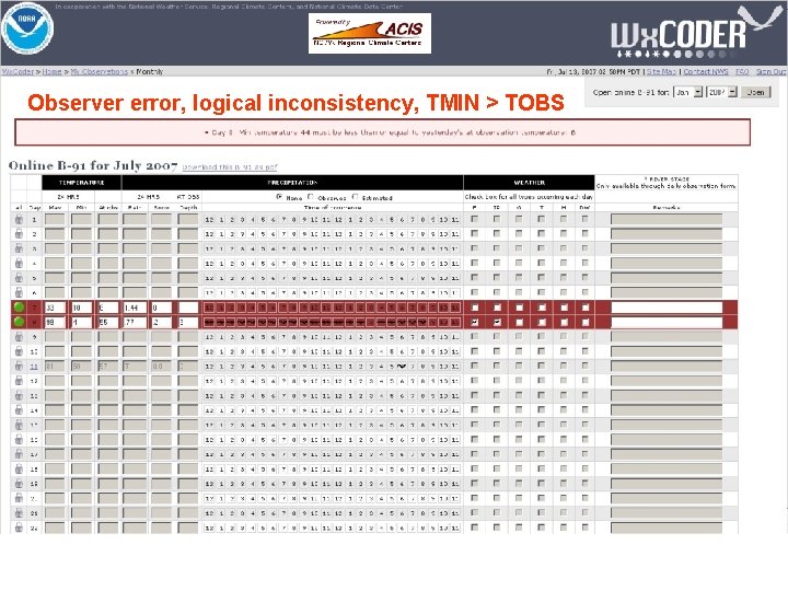 Observer error, logical inconsistency, TMIN > TOBS 
