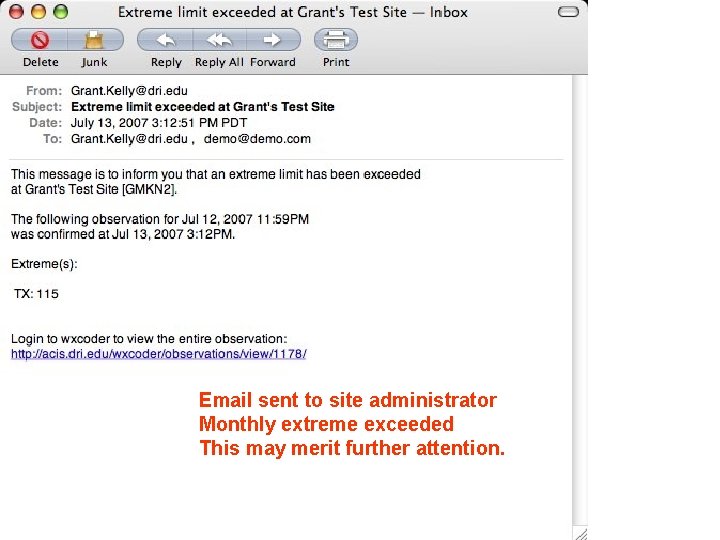 Email sent to site administrator Monthly extreme exceeded This may merit further attention. 