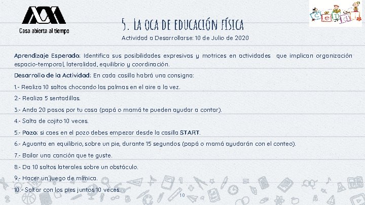 5. La oca de educación física Actividad a Desarrollarse: 10 de Julio de 2020