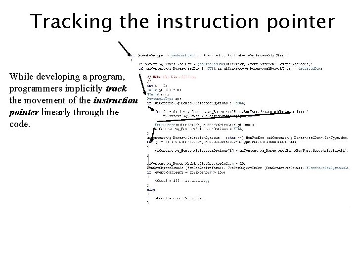 Tracking the instruction pointer While developing a program, programmers implicitly track the movement of Tracking the instruction pointer While developing a program, programmers implicitly track the movement of