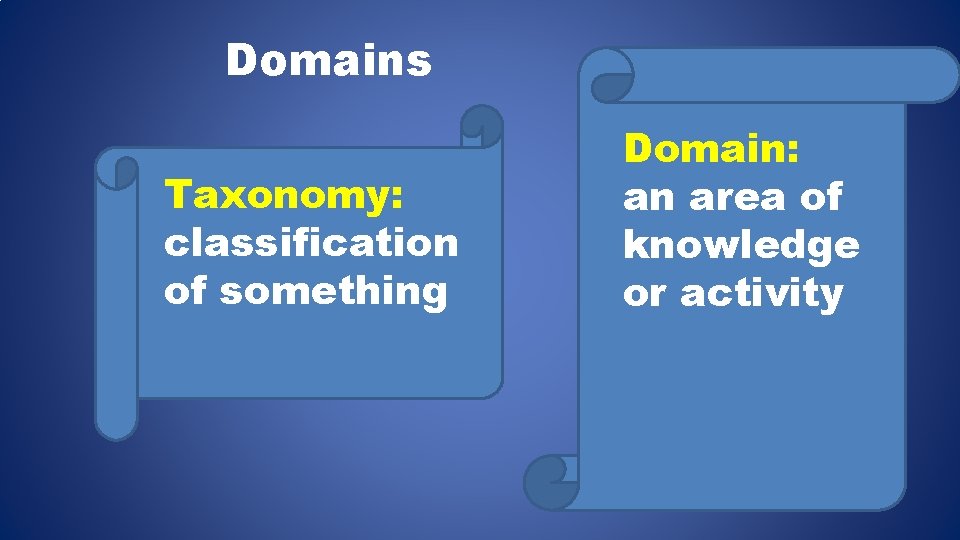 Domains Taxonomy: classification of something Domain: an area of knowledge or activity 