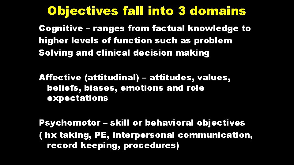 Objectives fall into 3 domains Cognitive – ranges from factual knowledge to higher levels