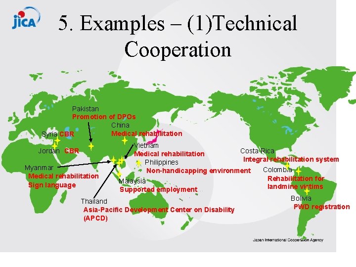 5. Examples – (1)Technical Cooperation Pakistan Promotion of DPOs China Medical rehabilitation Syria CBR