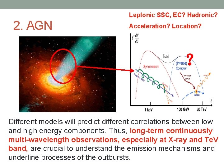 Leptonic SSC, EC? Hadronic? 2. AGN Acceleration? Location? ？ Different models will predict different