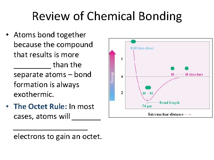 Review of Chemical Bonding • Atoms bond together because the compound that results is