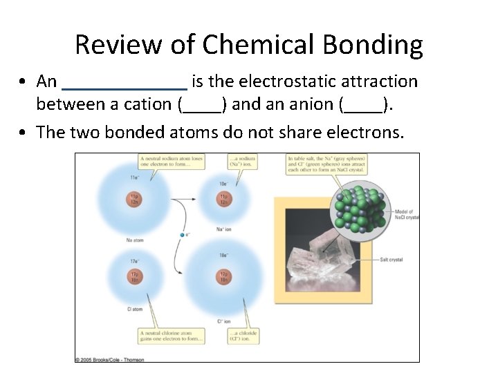 Review of Chemical Bonding • An _______ is the electrostatic attraction between a cation