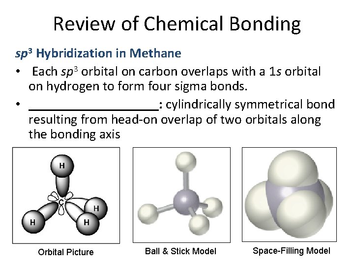 Review of Chemical Bonding sp 3 Hybridization in Methane • Each sp 3 orbital