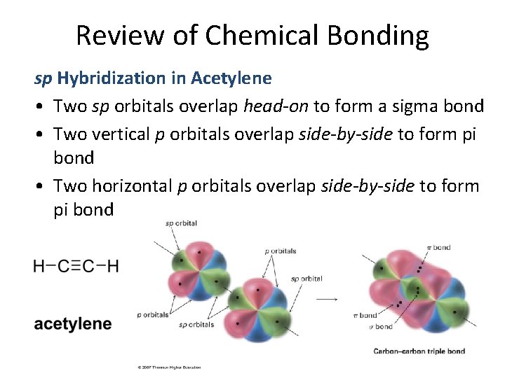 Review of Chemical Bonding sp Hybridization in Acetylene • Two sp orbitals overlap head-on