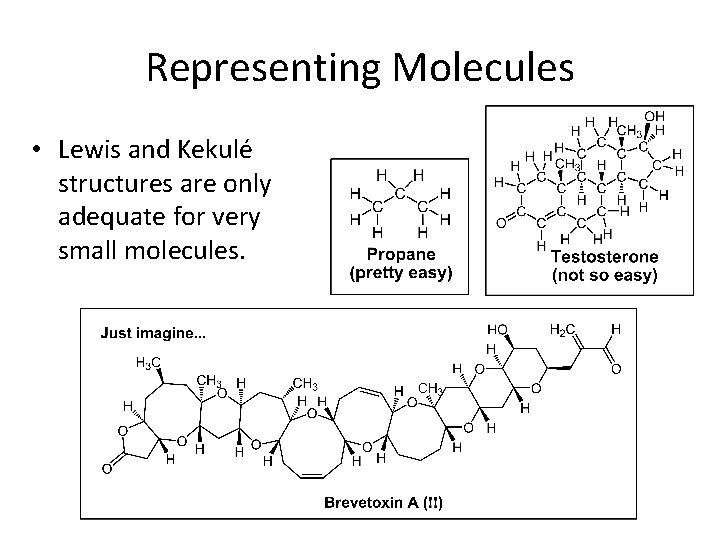 Representing Molecules • Lewis and Kekulé structures are only adequate for very small molecules.