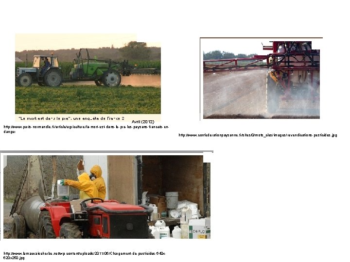 Avril (2012) http: //www. paris-normandie. fr/article/agriculture/la-mort-est-dans-le-pre-les-paysans-francais-endanger http: //www. lamauvaiseherbe. net/wp-content/uploads/2011/06/Chargement-de-pesticides-640 x 620 x 250.