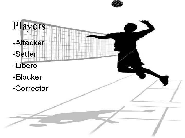 Players -Attacker -Setter -Libero -Blocker -Corrector 