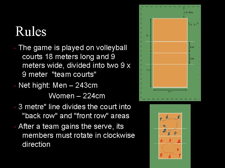 Rules - The game is played on volleyball courts 18 meters long and 9