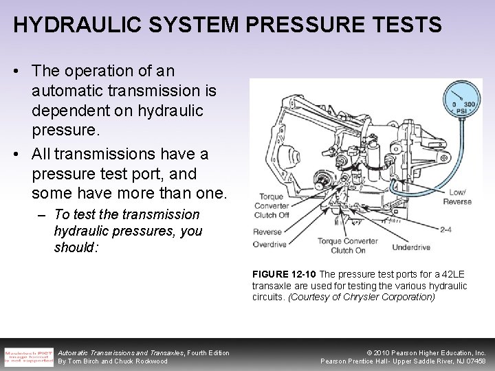 HYDRAULIC SYSTEM PRESSURE TESTS • The operation of an automatic transmission is dependent on