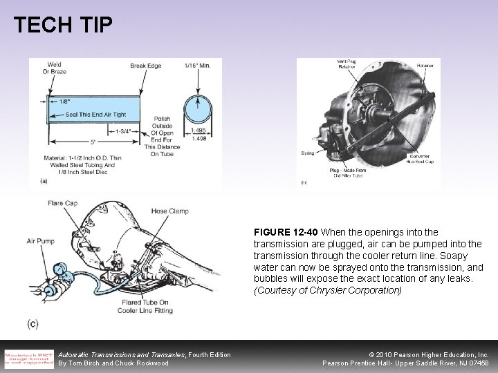 TECH TIP FIGURE 12 -40 When the openings into the transmission are plugged, air