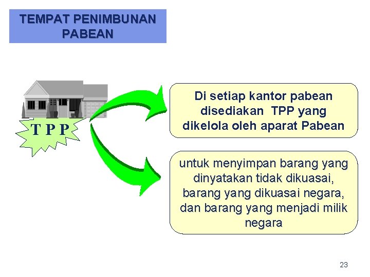 TEMPAT PENIMBUNAN PABEAN TPP Di setiap kantor pabean disediakan TPP yang dikelola oleh aparat