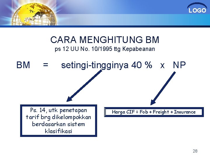 LOGO CARA MENGHITUNG BM ps 12 UU No. 10/1995 ttg Kepabeanan BM = setingi-tingginya