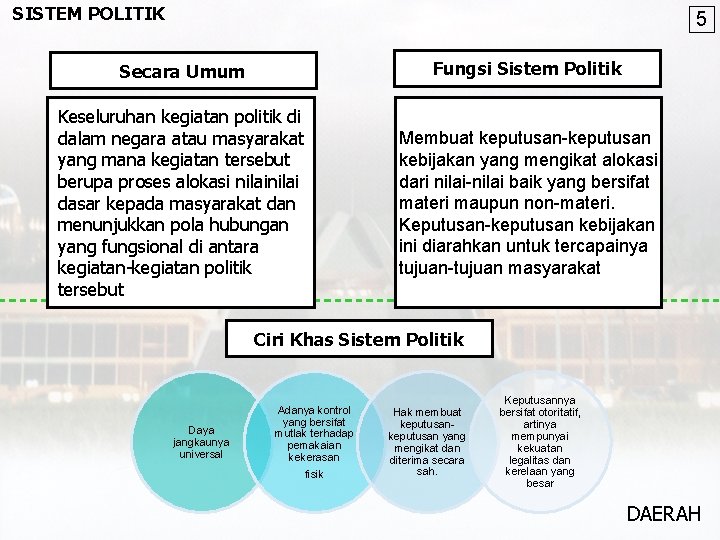 SISTEM POLITIK 5 Secara Umum Fungsi Sistem Politik Keseluruhan kegiatan politik di dalam negara