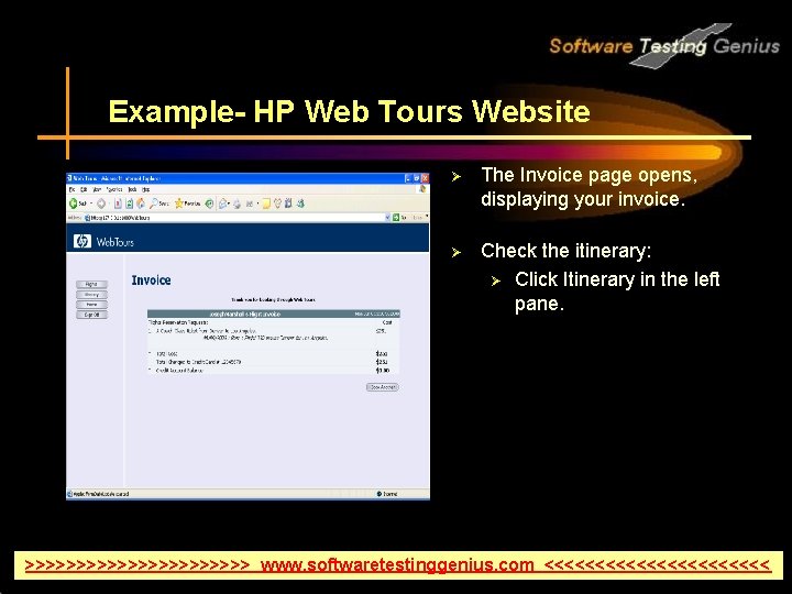 Example- HP Web Tours Website Ø The Invoice page opens, displaying your invoice. Ø