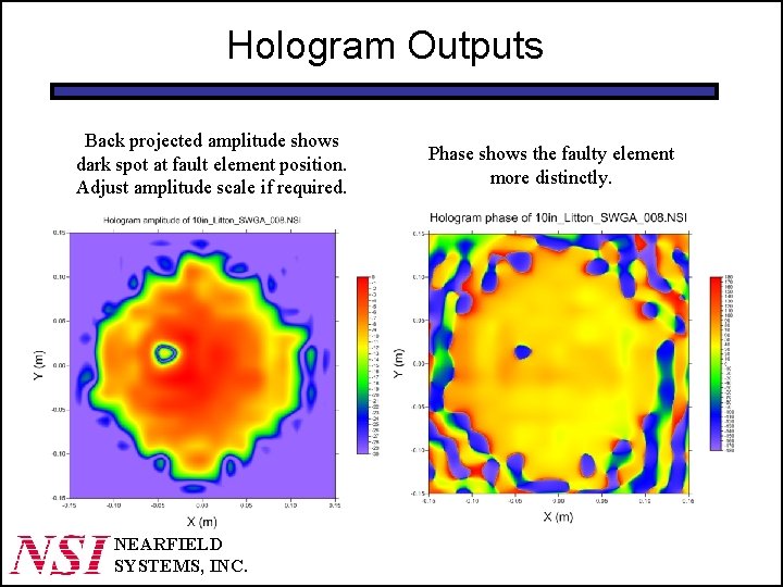 Hologram Outputs Back projected amplitude shows dark spot at fault element position. Adjust amplitude