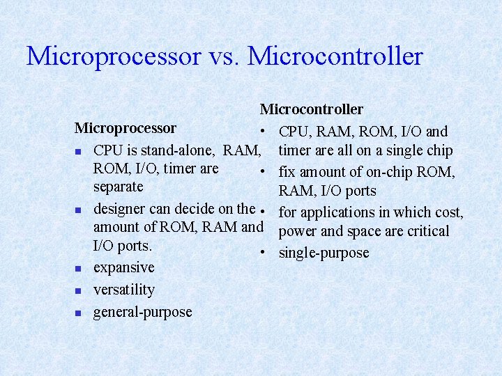 Microprocessor vs. Microcontroller Microprocessor • CPU, RAM, ROM, I/O and n CPU is stand-alone,