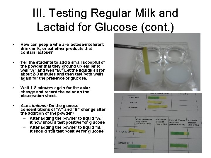 III. Testing Regular Milk and Lactaid for Glucose (cont. ) • How can people