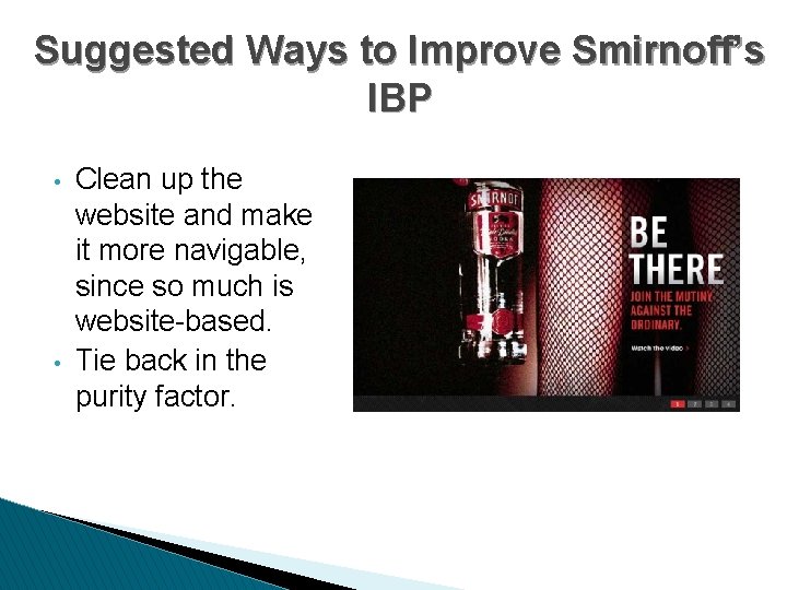 Suggested Ways to Improve Smirnoff’s IBP • • Clean up the website and make