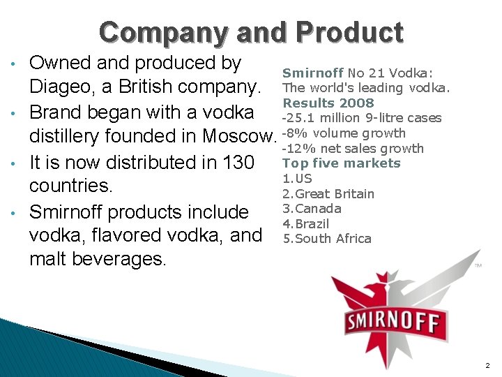 Company and Product • • Owned and produced by Smirnoff No 21 Vodka: Diageo,