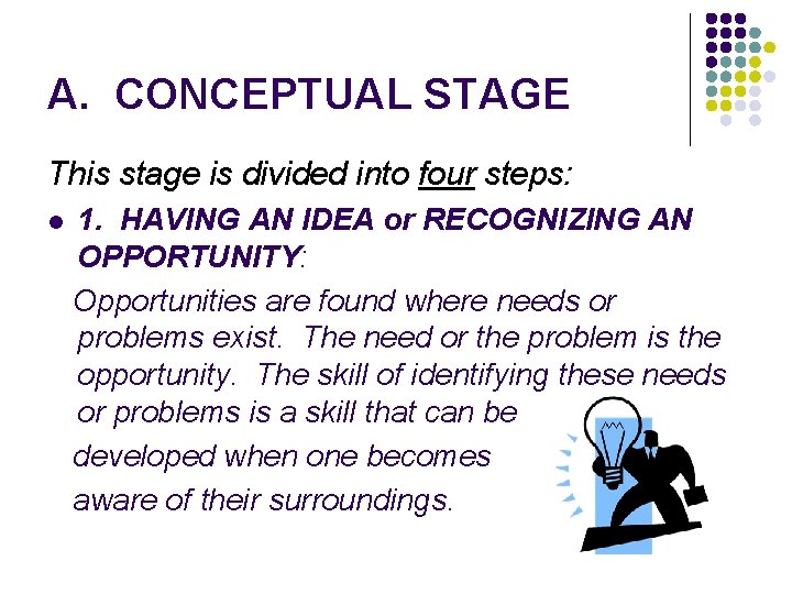 A. CONCEPTUAL STAGE This stage is divided into four steps: l 1. HAVING AN