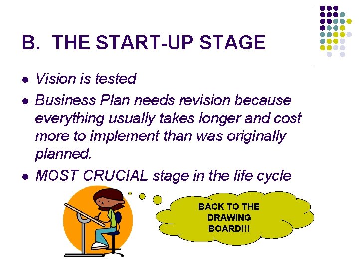 B. THE START-UP STAGE l l l Vision is tested Business Plan needs revision