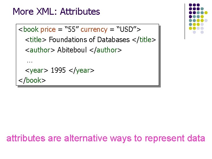 More XML: Attributes <book price = “ 55” currency = “USD”> <title> Foundations of