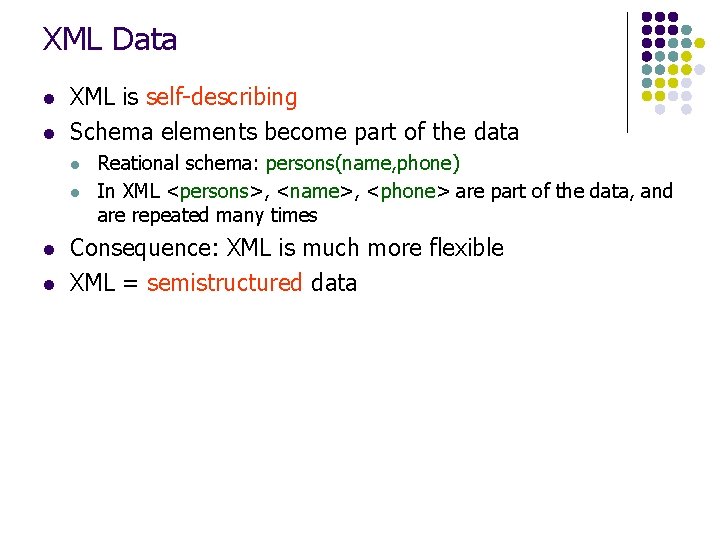 XML Data l l XML is self-describing Schema elements become part of the data