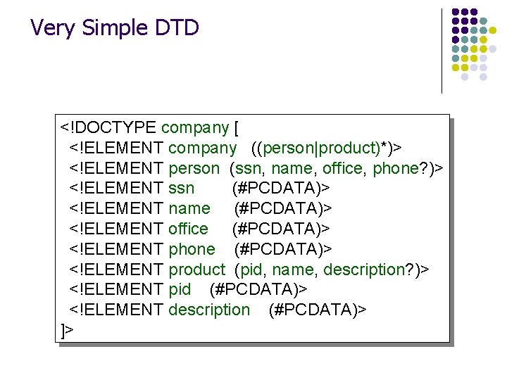 Very Simple DTD <!DOCTYPE company [ <!ELEMENT company ((person|product)*)> <!ELEMENT person (ssn, name, office,