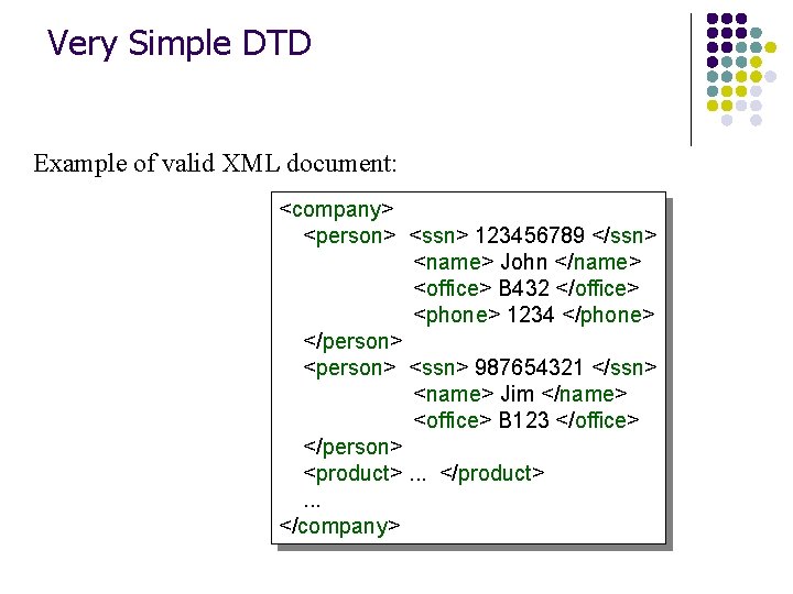 Very Simple DTD Example of valid XML document: <company> <person> <ssn> 123456789 </ssn> <name>