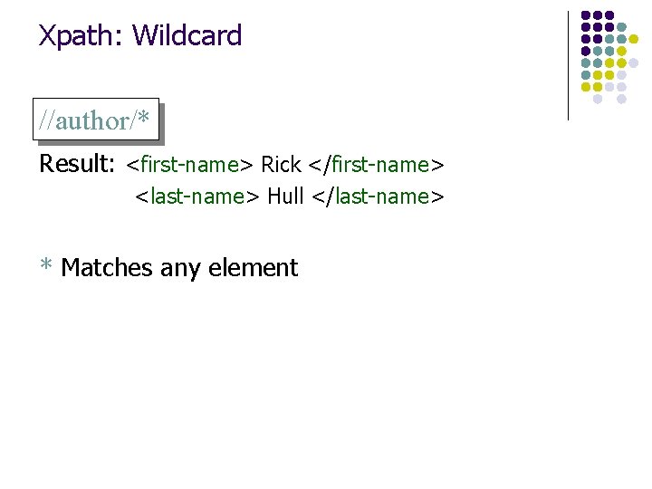 Xpath: Wildcard //author/* Result: <first-name> Rick </first-name> <last-name> Hull </last-name> * Matches any element