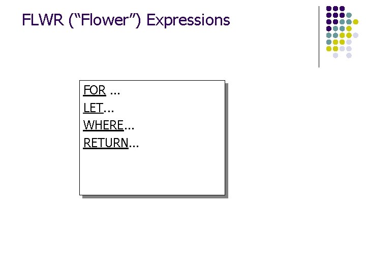 FLWR (“Flower”) Expressions FOR. . . LET. . . WHERE. . . RETURN. .