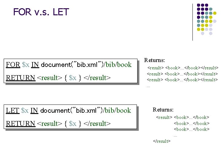 FOR v. s. LET FOR $x IN document("bib. xml")/bib/book RETURN <result> { $x }