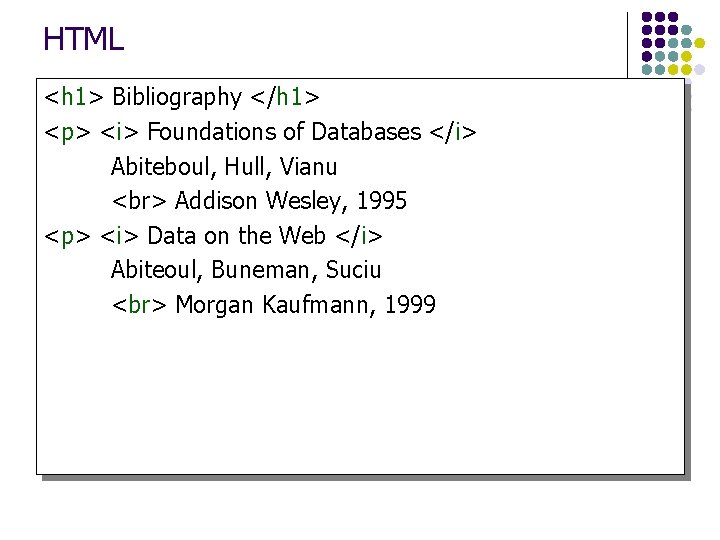 HTML <h 1> Bibliography </h 1> <p> <i> Foundations of Databases </i> Abiteboul, Hull,